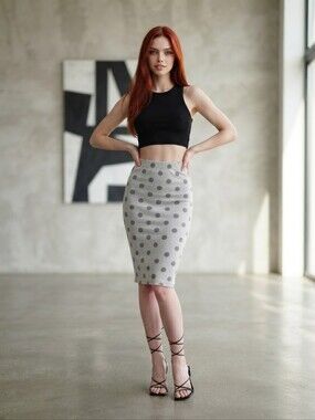 NWT Jade Mackenzie Gray & Charcoal Polka Dot Modest Pencil Skirt Sz XXL CC